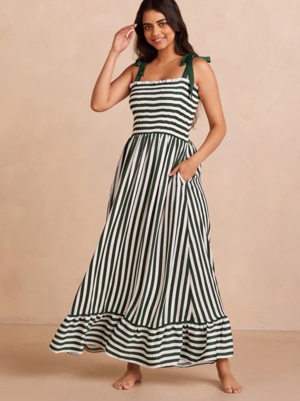 Summersalt Striped Smocked Tie-Shoulder Maxi Dress in Green and White